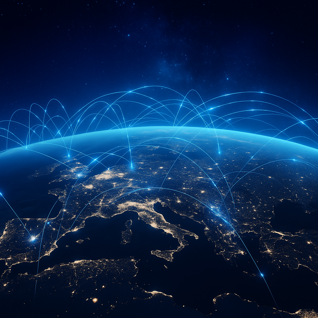 Imagen de la conexión mundial representada con líneas azules sobre el globo terráqueo
